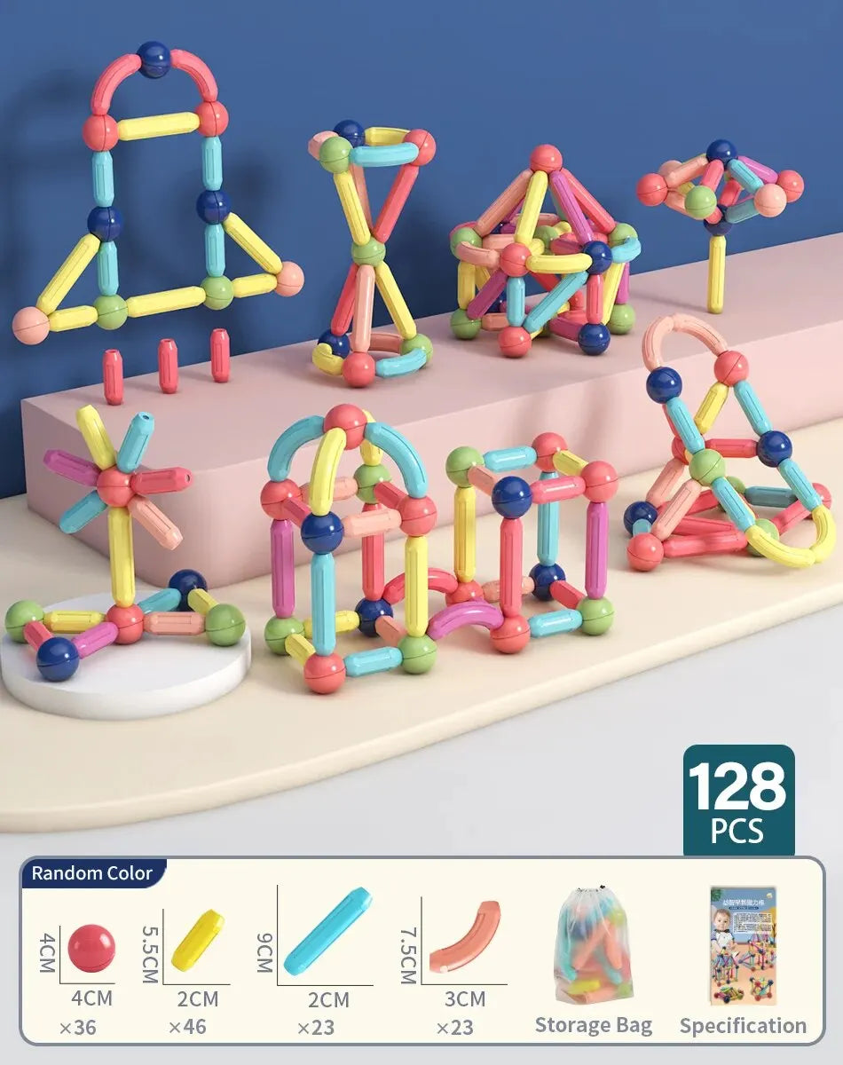 128PCS Magnetic Building Blocks Toy Magnetic Construction Set Magnet Ball Sticks Rod Games Montessori Educational Toys for Kids